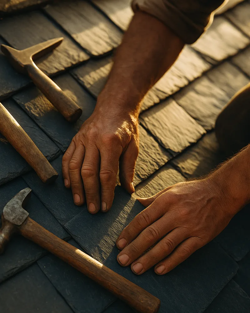 Artisan couvreur de la Maison Compagnon du Toit posant de l’ardoise naturelle sur une toiture